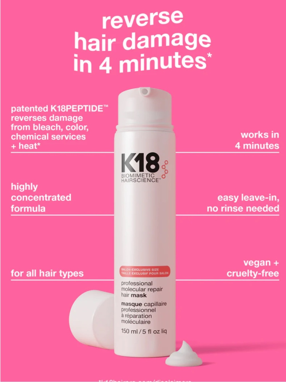 K18 Biomimetic Hairscience Leave-In Molecular Repair Hair Mask 5 fl oz